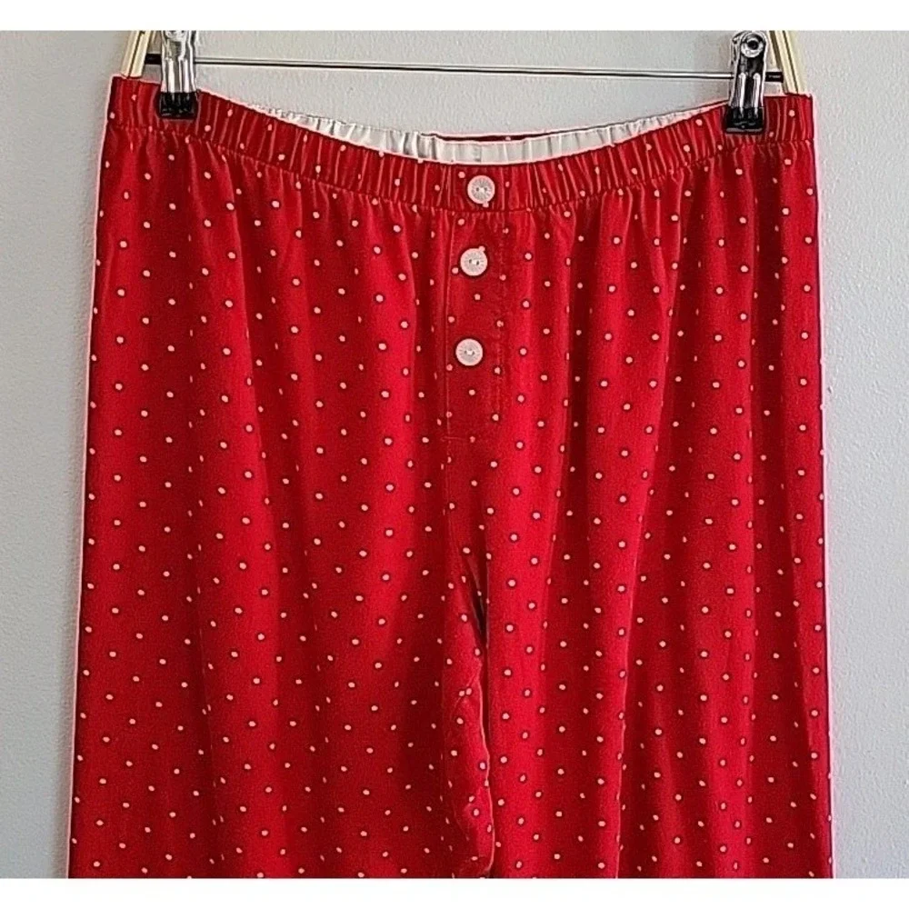 Lands End Flannel Pajama Pants Medium Red Polka Dot Casual Lounge Preppy Relaxed